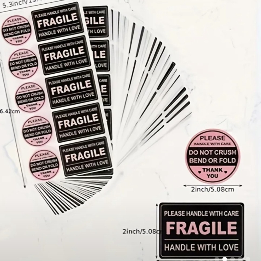 50 Pc Fragile Handle With Care Stickers - Black and Pink